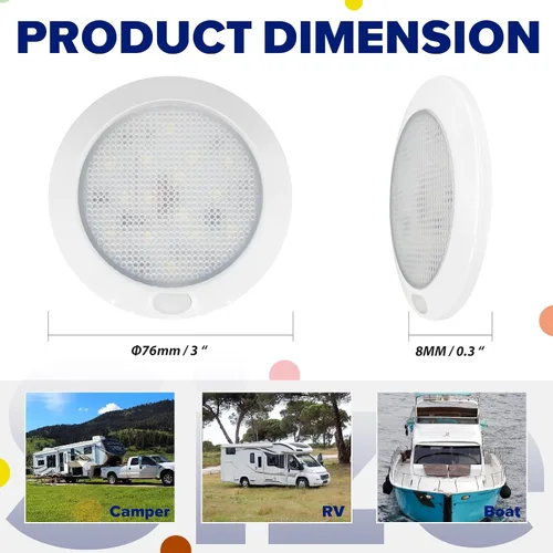 Vista 3 de Luces interiores regulables de 12 V LED de techo con interruptor de 3 pulgadas, montaje en superficie redonda, 12 voltios, luz de ducha para Blanco