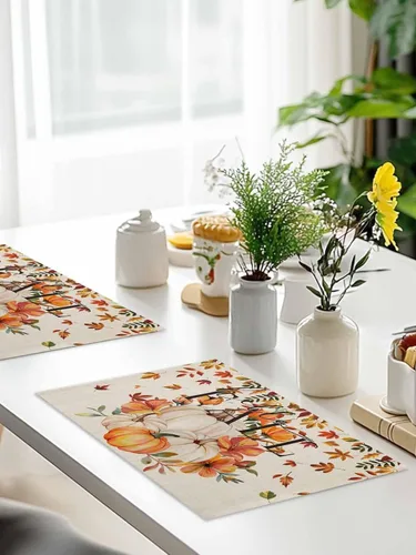 Vista 9 de Manteles individuales para mesa de comedor, juego de 4 manteles individuales para otoño, Acción de Gracias, calabaza, flor y girasol, manteles