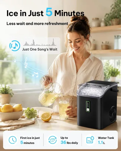 Vista 2 de Silonn Máquina de hielo Nugget con asa de transporte, 36 lbs/24H Negro