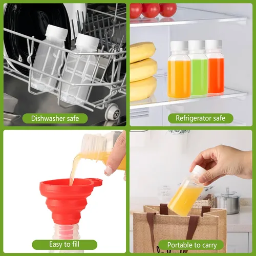 Vista 5 de zmybcpack Paquete de 24 botellas de jugo de plástico de polipropileno de 3.4 fl oz resistentes al calor con tapas, botellas de chupito de plástico