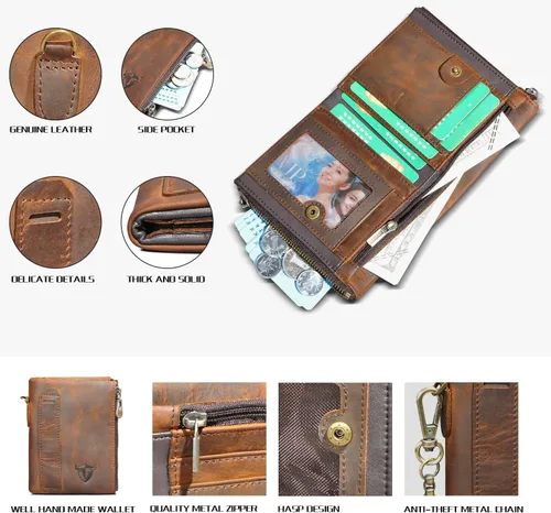 Vista 4 de Handadsume Genuino caballo loco cuero viaje regalo moneda bolsillo tarjeta caso largo organizador cadena Rfid monedero con broche para hombres