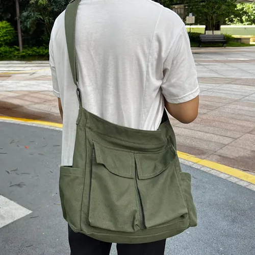 Vista 3 de Bolsa tipo mensajero de lona, con múltiples bolsillos, estética, para la escuela, viajes, bolso bandolera grande para mujeres y hombres