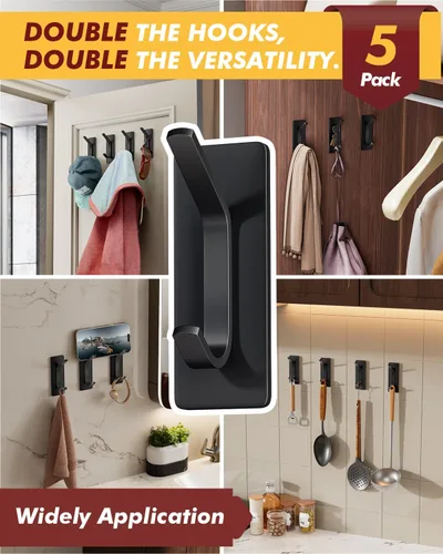 Vista 5 de Auxmir Ganchos autoadhesivos resistentes de 15 libras, paquete de 5 ganchos de pared de acero inoxidable para abrigos, toallas, batas, impermeables