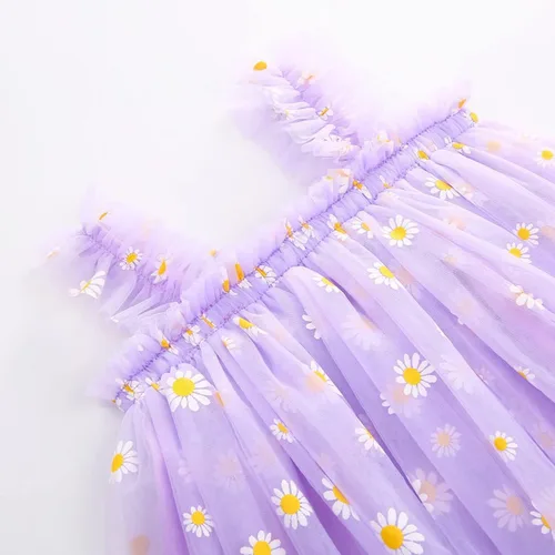 Vista 3 de Vestidos casuales de cumpleaños para niñas, vestidos de fiesta floral, margarita, sin mangas, 1-6 años, tul para playa (morado, 5-6 años)
