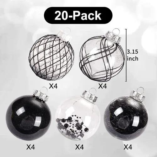 Vista 5 de Juego de adornos de bola de Navidad, 20 unidades, grandes, color negro transparente, inastillables, 3.150 in/3.15 pulgadas, adornos de Navidad