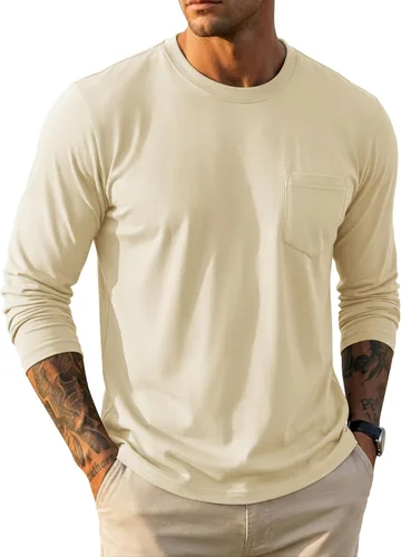 Vista 16 de MAGCOMSEN Camisa de manga larga para hombre con bolsillo, de algodón, cuello redondo, casual, ligera