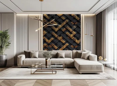 Vista 4 de AMUGISH Mural de pared 3D geométrico – Papel pintado con patrón trenzado lujoso en negro y oro, textura metálica moderna – Se pela y se pega