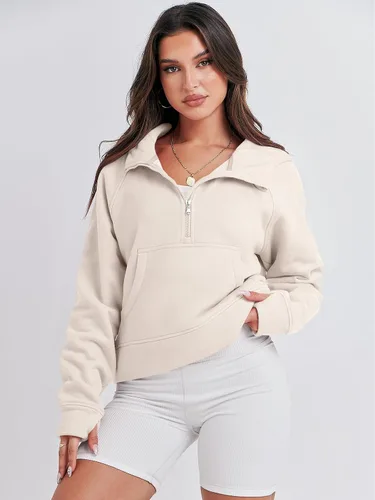 Vista 2 de ANRABESS Sudaderas con capucha corta con media cremallera para mujer, sudadera de forro polar con cremallera de un cuarto, ropa de invierno 2023