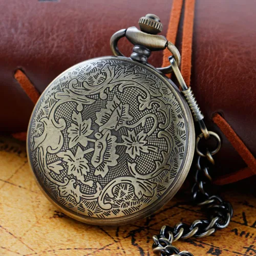 Vista 5 de Both Sides - Reloj de bolsillo de cuarzo tallado en bronce con movimiento de cuarzo, reloj de bolsillo de cuarzo con clip de cadena para hombre
