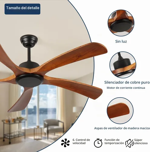 Vista 8 de Ventilador de techo de madera de 52 pulgadas, sin luz y control remoto, reversible, color negro