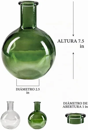 Vista 5 de Serene Spaces Living Juego de 2 jarrones redondos de cristal con cuello de botella verde, florero vintage para mesa de consola, estante, sala