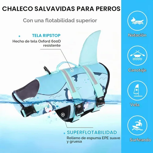 Vista 6 de AOFITEE - Chaleco salvavidas para perros pequeños, con tiburón, para nadar Tiburón Verde Vizcaya