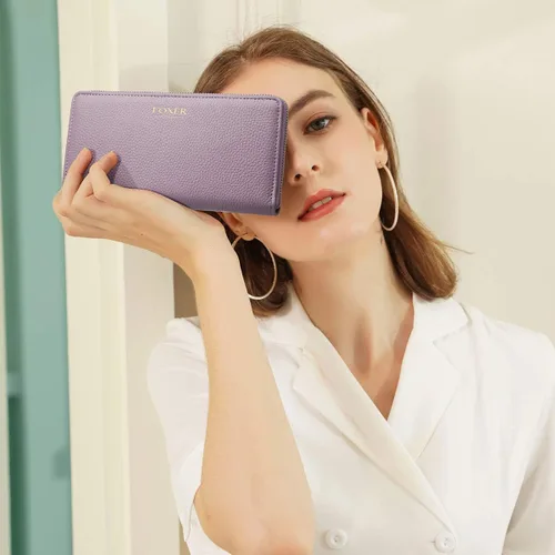 Vista 7 de FOXLOVER Carteras de cuero genuino para mujer, carteras de embrague con cremallera RFID con pulsera