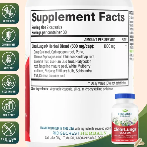 Vista 3 de RidgeCrest Herbals ClearLungs Classic Natural Pulmon Health Support 60 Ct