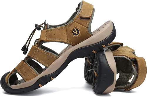 Vista 6 de FLARUT - Sandalias deportivas para hombre, sandalias para senderismo y exteriores, diseño informal de cuero con punta cerrada, sandalias atléticas