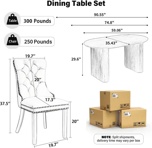 Vista 3 de Juego de mesa de comedor ovalada extensible con 4 sillas tapizadas de terciopelo de alta gama, mesa de cocina de 59 a 91 pulgadas y sillas