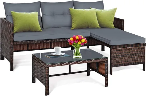 Vista 12 de Tangkula juego de sofá de esquina para patio de 3 piezas, juego de sofá de ratán para exteriores, incluye chaise lounge, sofá doble y mesa auxiliar