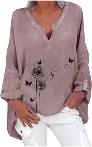 Vista 3 de Camiseta de lino de algodón para mujer de verano de manga corta casual floral cómoda suave cuello redondo con vuelo