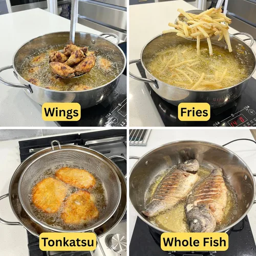 Vista 4 de Saltlas Olla de Freidora Profunda de 4.4Qt/4.2L con Cesta y Cucharón Colador, Olla de Acero Inoxidable 304 para Freír Pescado, Mariscos, Pollo