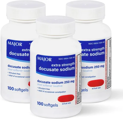 Vista 9 de MAJOR Docusate Sodium 250 mg, laxante suavizante de heces extra fuerte para alivio ocasional del estreñimiento, sin estimulantes, 100 cápsulas