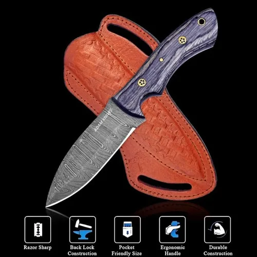 Vista 8 de Cuchillo de caza de acero de Damasco de hoja fija con funda de cuero de 9 pulgadas, cuchillo de caza de espiga completa, mango de madera
