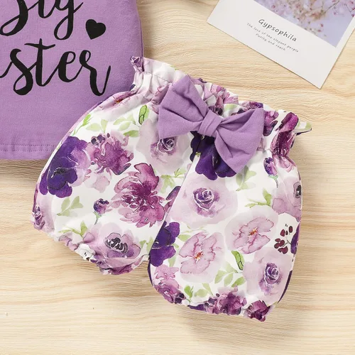 Vista 6 de Trajes florales para niñas y niñas, promovido a hermana mayor, camisa de manga corta + pantalones cortos con lazo floral + diadema, 3 piezas de ropa