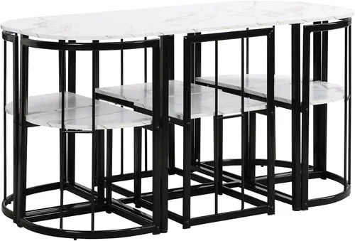 Vista 9 de CITYLIGHT Juego de mesa de comedor de 7 piezas con marco de metal y escritorio de mármol sintético, juego de mesa de cocina con silla triangular