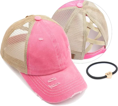 Vista 46 de C.C Gorra de béisbol de malla con diseño de estrella brillante, gorra de camionero ajustable para moño o cola de caballo Una banda elástica-negro