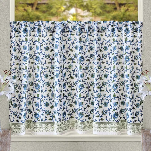 Vista 9 de Cortinas de algodón de media cocina para ventanas pequeñas, baño y café, estampado a mano en bloque, velo de novia blanco, diseño bohemio moderno