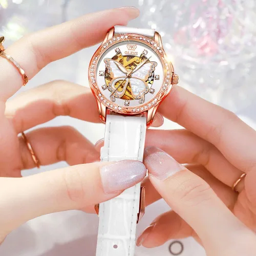 Vista 3 de OLEVS Reloj mecánico automático para mujer, correa de cuero, cuerda automática, reloj de pulsera para mujer, esfera de corazón de diamante