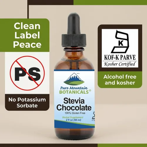 Vista 5 de Gotas líquidas de estevia de chocolate saborizadas con chocolate negro dulce natural, sin alcohol y kosher, botella de vidrio de 2 onzas