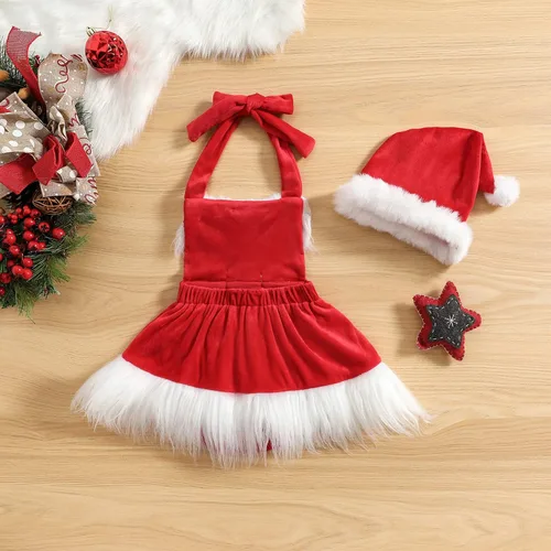 Vista 8 de Mono de Navidad de terciopelo con cuello halter y sombrero de Papá Noel disfraz de Navidad