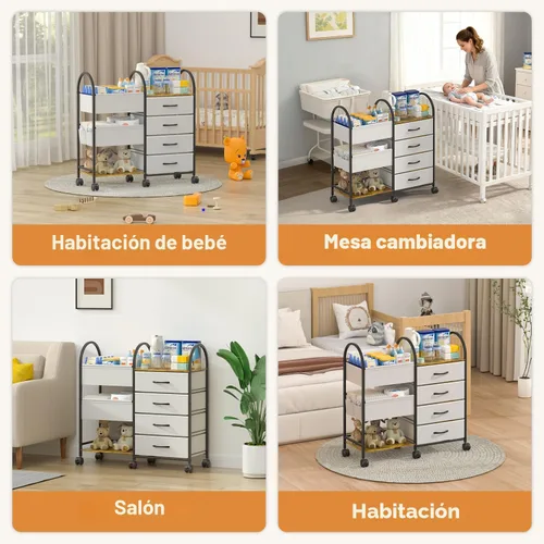 Vista 7 de Carrito organizador de pañales para bebés con ruedas, carrito de pañales rodante de 4 niveles con separadores y cajones, almacenamiento de guardería