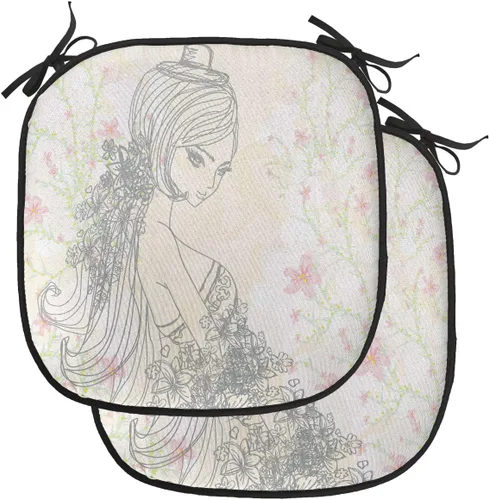 Vista 71 de Lunarable Floral Chair Cushion Pad, Flower Petal with Oriental Detail Culture Design, Seat Padding for Kitchen & Patio with Anti-Slip Backing