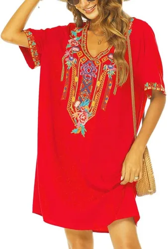 Vista 3 de AK Vestido campesino mexicano bohemio de verano para mujer, manga corta, floral, bordado, suelto, hippie, túnica bohemia