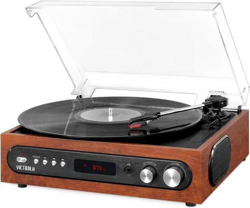 Vista 5 de Victrola Tocadiscos 3 en 1 – Reproductor de discos Bluetooth de 3 velocidades (33 1/3, 45, 78 RPM) con radio FM y altavoces estéreo incorporados