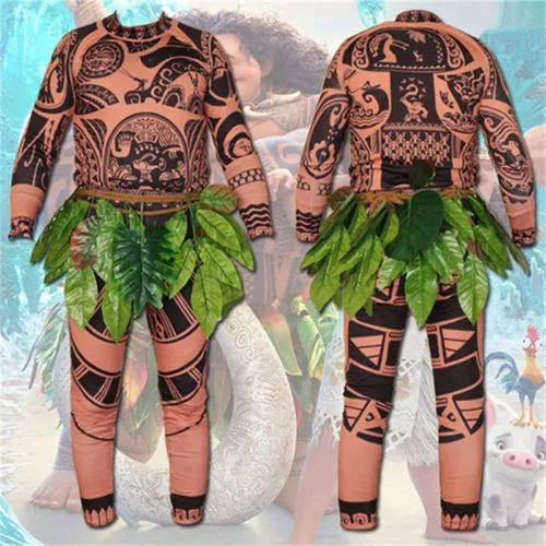 Vista 5 de Wrrkayly Disfraz de tatuaje de Moana Maui para Halloween, camiseta + pantalones + falda de hojas, trajes de Halloween para adultos, disfraz de juego