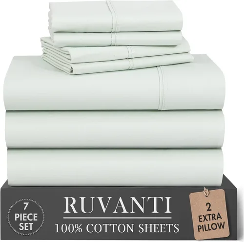 Vista 102 de RUVANTI 4 piezas de sábanas de algodón - 100% algodón natural suave, ligero y transpirable, sábanas de percal crujiente, juego de sábanas Botanica