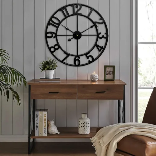 Vista 8 de CLXEAST Relojes de pared de 24 pulgadas para decoración de sala de estar, reloj de pared grande de metal negro que funciona con pilas Número arábigo