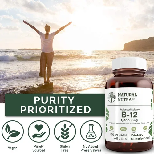 Vista 4 de Natural Nutra Vegano Metil B12 1000mcg, suplemento potenciador de la salud del corazón y la energía, sin gluten, 100 pastillas veganas