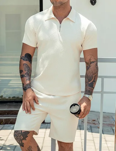 Vista 7 de URRU Conjunto de camisa polo y pantalones cortos para hombre, trajes de verano a la moda, casual, de manga corta, traje de polo para hombre