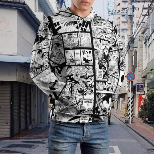 Vista 6 de Luusmm Unisex Anime Print Hoodie Black And White Manga Print Novelty Sweater