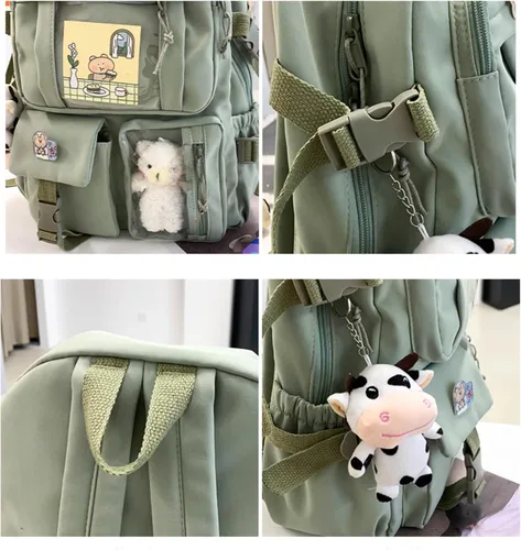 Vista 4 de Mochila Kawaii con lindos accesorios con colgante de pasador de viaje, bolsa grande para portátil al aire libre, impermeable, casual, mochila