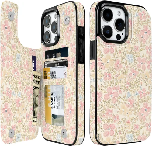 Vista 17 de Funda compatible con iPhone 14/15 con tarjetero y ranuras integradas de piel sintética con función atril y a prueba de golpes para iPhone 14/15