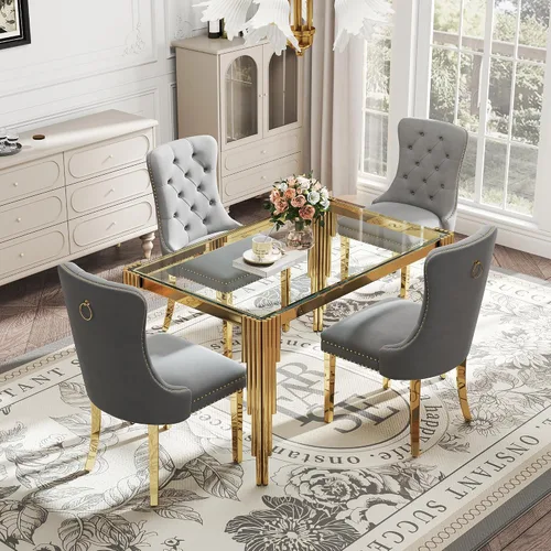 Vista 13 de Juego de mesa de comedor de cristal de 5 piezas para 4, mesa de cocina cuadrada de 37 pulgadas con 4 sillas tapizadas de terciopelo negro, mesa