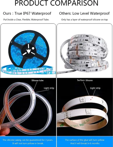 Vista 6 de Tira de luces LED solares azules para exteriores, tira LED impermeable IP67 de 16.4 pies, cable USB para uso recargable, cuerda de luces solares