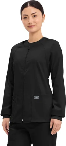 Vista 6 de Cherokee Chaqueta médica con cremallera frontal para mujer, 3 bolsillos, elástica en 2 direcciones, suave, transpirable, sarga cepillada, 4315