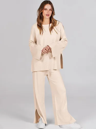 Vista 2 de ANRABESS Conjunto de 2 piezas para mujer, sudadera de punto de gran tamaño y pantalones de pierna ancha con cordón