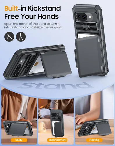 Vista 5 de CENMASO - Funda para Google Pixel 9a con tarjetero (4 tarjetas), funda deslizante para cámara y función atril, bloqueo RFID, protección militar
