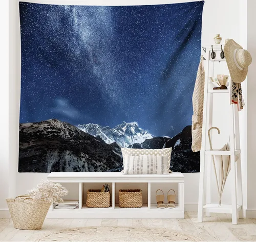 Vista 2 de Ambesonne Tapiz espacial tamaño King, montañas del Himalaya en la noche estrellada con estrellas, tierra y cosmos en tierras del norte, colcha